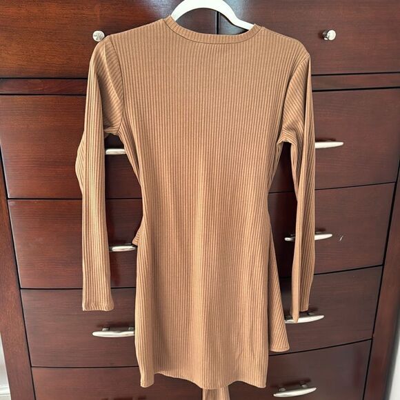 Ribbed long sleeve brown mini dress - Picture 4 of 6
